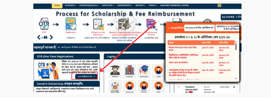 उत्तर प्रदेश छात्रवृत्ति योजना 2026-27 7 UP स्कॉलरशिप OTR रजिस्ट्रेशन लिंक स्क्रीनशॉट