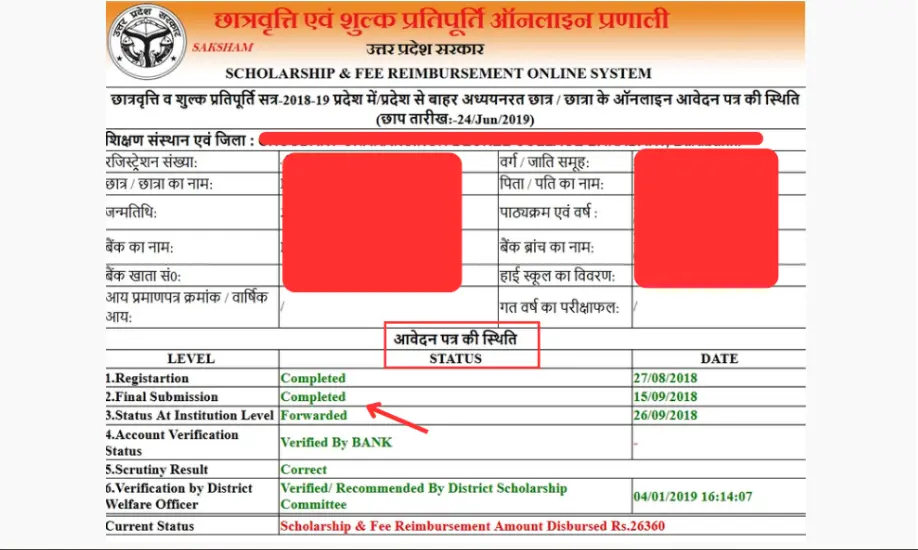 उत्तर प्रदेश छात्रवृत्ति योजना 2026-27 4 यूपी स्कॉलरशिप स्टेटस रिजल्ट सैंपल — रजिस्ट्रेशन, वेरिफिकेशन और पेमेंट की स्थिति